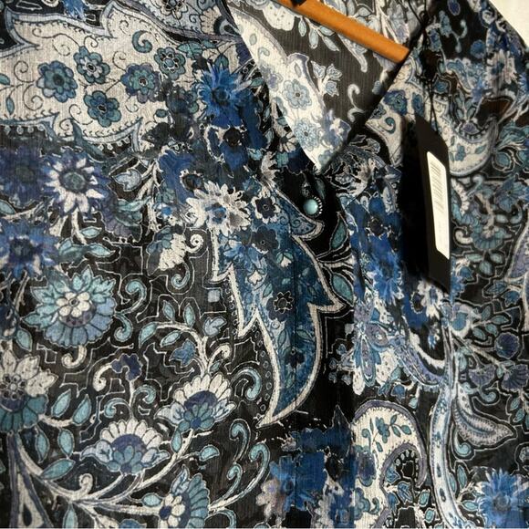 NWT The Kooples 100% Silk Blue Paisley Print V Neck Button Front Blouse Size 2 - Picture 4 of 8